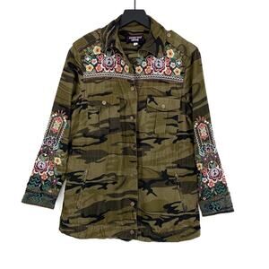 JOHNNY WAS Workshop Raquel Corduroy Embroidered Shacket Green Camo PXS